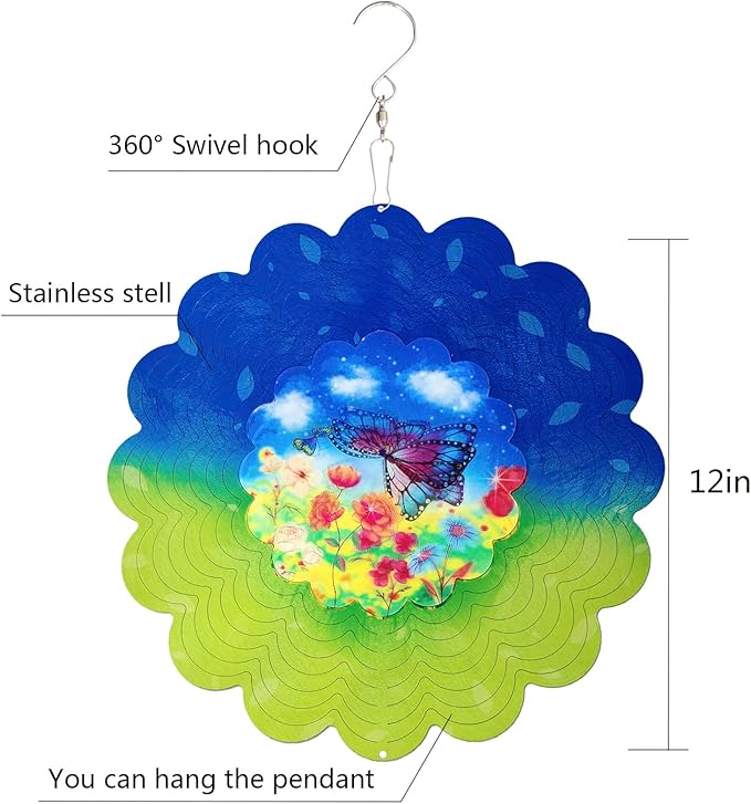 Butterfly Metal Wind Spinners - Butterfly Gifts for Women Mom Grandma Wife, Hanging Animations Wind Spinner for Outdoor & Indoor Decorations, 12 inch for Ornament Gifts