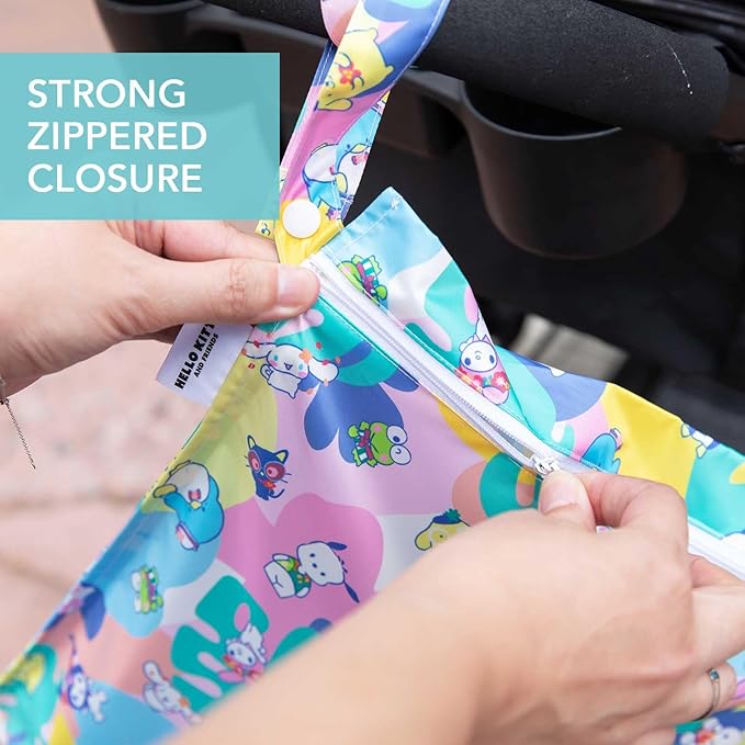 Bumkins Waterproof Wet Bag for Baby, Travel, Swim Suit, Cloth Diapers, Pump Parts, Pool, Beach, Gym Clothes, Toiletry, Hook to Stroller, Daycare, Zipper Reusable Wetdry Packing Pouch, Hello Kitty Luau