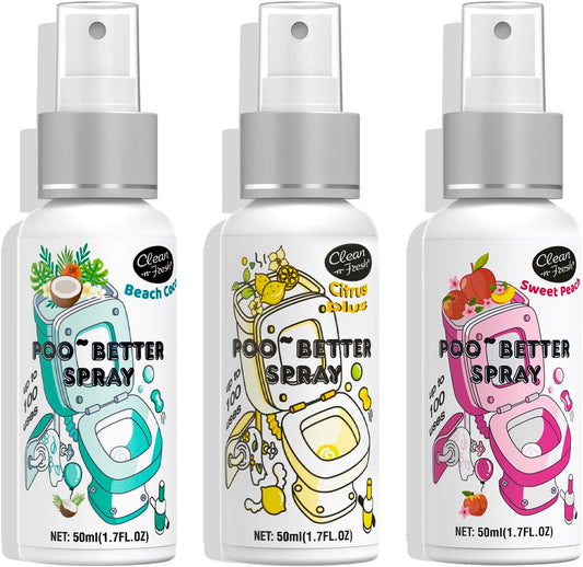 Clean-n-Fresh Toilet Spray, Variety Pack of 3 - Citrus, Peach, Beach Coco, Bathroom Odor Deodorizer, Air Freshener Bathroom Spray, Total 5.1 Fl Oz, 3 Scents