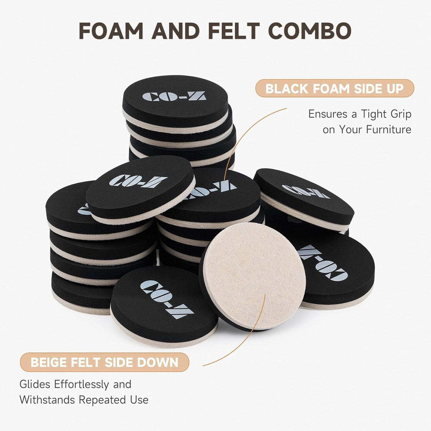 CO-Z 24pcs Felt Furniture Sliders for Hardwood Floors, 2 1/2 in Reusable Furniture Pads, Heavy Furniture Movers Sliders for Hard Surfaces, Thick Moving Pads Floor Protectors for Vinyl Tile Floors