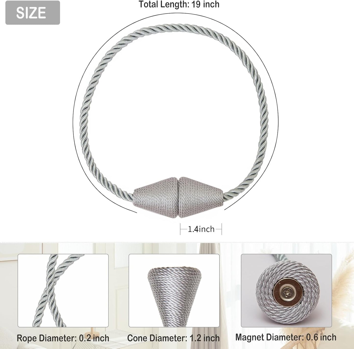 Magnetic Curtain Tiebacks 6 Pack Outdoor Rope Curtain Tie Backs Decorative Window Treatment Holdbacks for Home Decorative Curtain, Grey