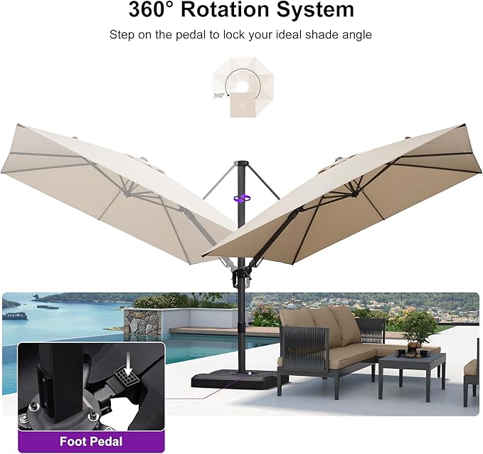 PURPLE LEAF 9.8' X 9.8' Tilting Patio Umbrella with Base Outdoor Cantilever Swivel Square Umbrella with Tilt Aluminum Offset Umbrella with 360-degree Rotation for Garden Deck Pool Patio Beige