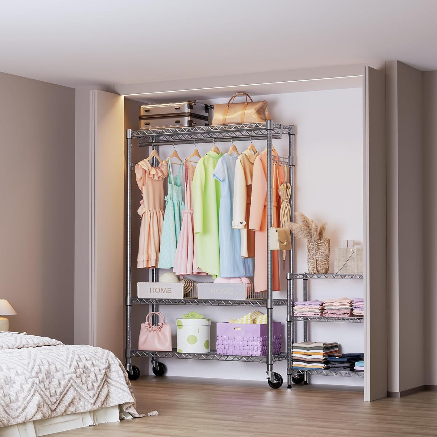 IZEUK 3 Tier Heavy Duty Rolling Garment Rack Wire Clothes Rack for Hanging Clothes, Metal Freestanding Closet Wardrobe Rack with 1 Rods and Wheels Chrome 15.7" D x 45.3" W x 75.6" H