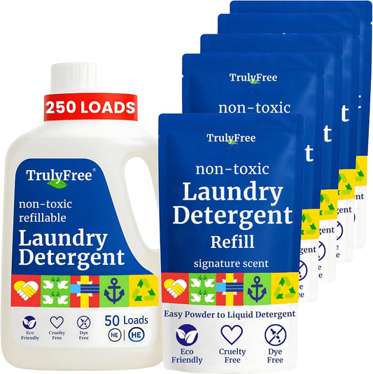 Truly Free Natural Laundry Detergent for Sensitive Skin | Eco Friendly, Plant Based, Baby Clothes Safe | Clean & Easy Powder to Liquid, 5 Pack Detergent + 1 Refillable Jug | Signature Scent 250 Loads