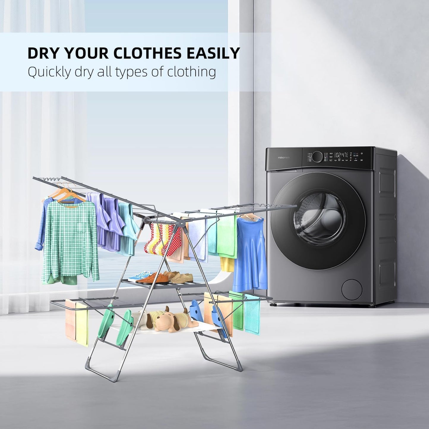 Clothes Drying Rack, Foldable 2-Level Laundry Racks for Drying Clothes Rack,Stainless Steel Drying Rack Clothing Collapsible for Indoor Outdoor,with Height-Adjustable Wings