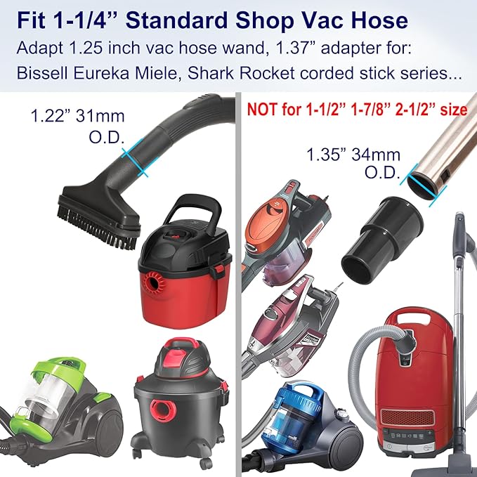 Portek 1 1/4" Car Details Kit with 1 3/8" Vac Hose Adapter, 1-1/4 Inch Universal Home Car Attachments Cleaning Tools and 1-3/8 Inch Adaptor as Shop Vac Miele Eureka Vacuum Cleaner Accessories