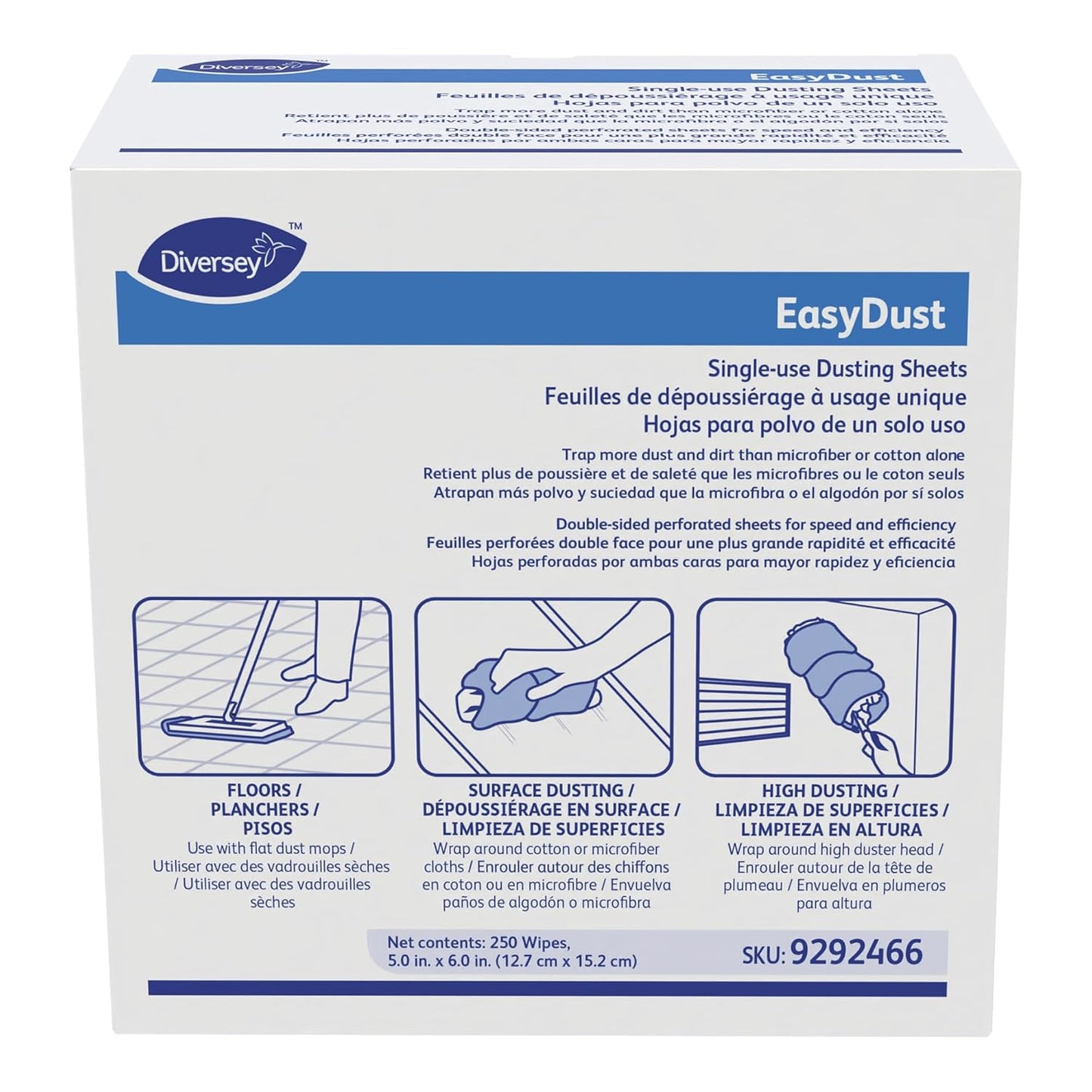 Diversey 9292466 EasyDust Single-use Dusting Sheets, Disposable Multisurface Cleaning Wipes for Floors, Dust Wipes Trap Dirt, Unscented 5x6-inch Sheets, 250-Sheets, 1-Box