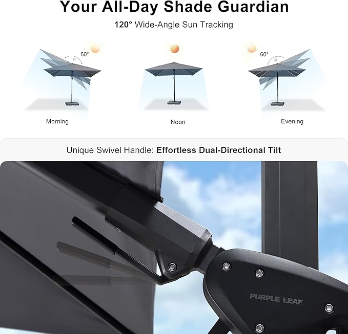 PURPLE LEAF 8.8' X 8.8' Left-right Tilt Patio Umbrella with Base Outdoor Cantilever Swivel Square Umbrella Aluminum Offset Umbrella with 360-degree Rotation for Garden Deck Pool Patio Light Grey