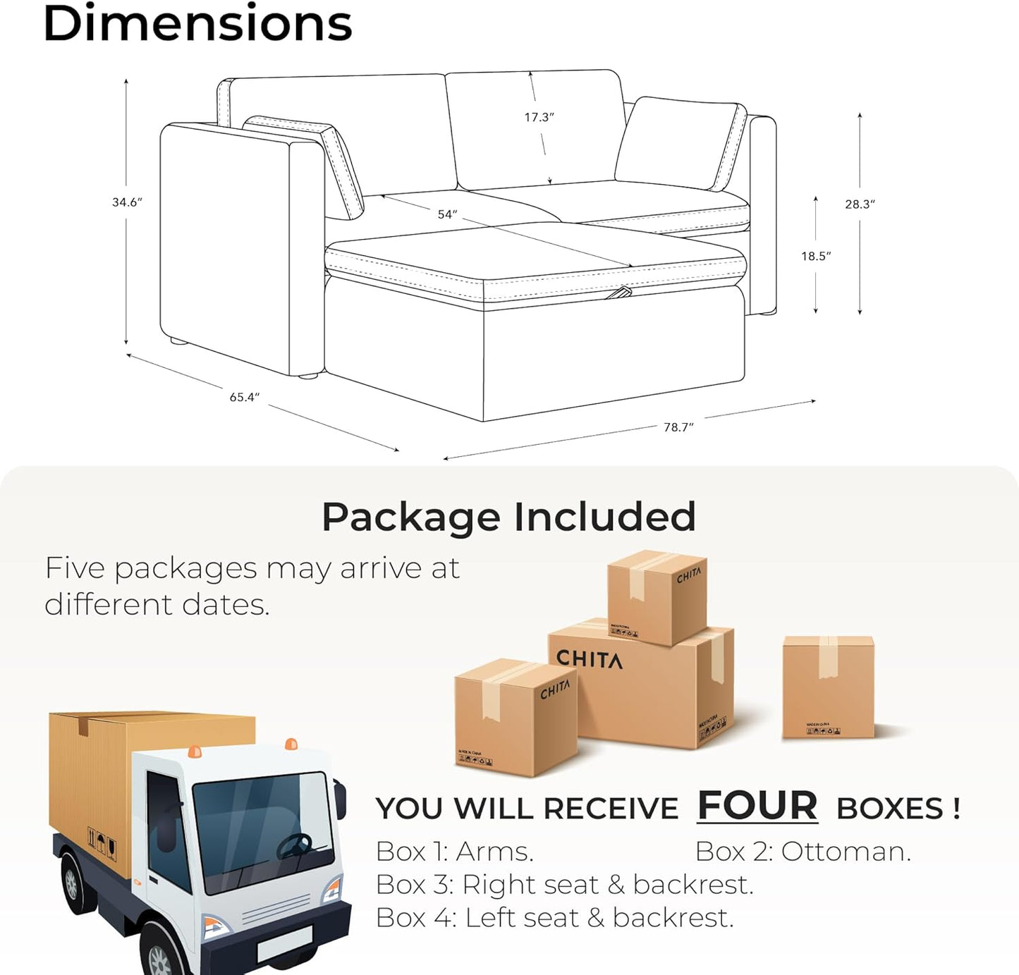 CHITA Modular Sectional Sofa, FSC Certified L Shaped Couch with Reversible Chaise, Modular Sectional Couch for Small Space, 78 inch Width, 3 Seat Modular Sofa with Storage Ottoman, Terracotta