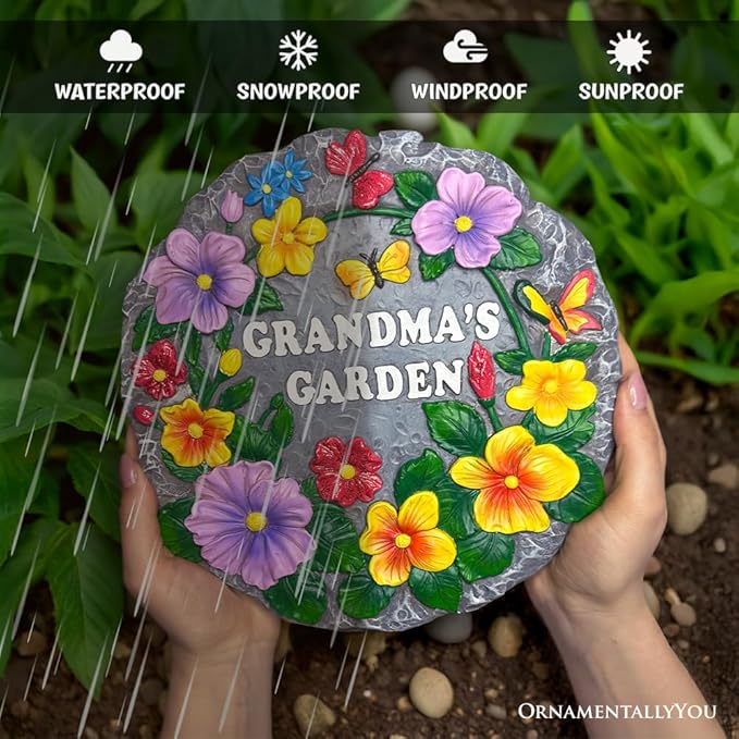 Elegant Resin Stepping Stone, Outdoor Garden Pathway Decoration (Grandma’s Garden Floral Stepping Stone, 9.5" Decorative Outdoor Decoration)