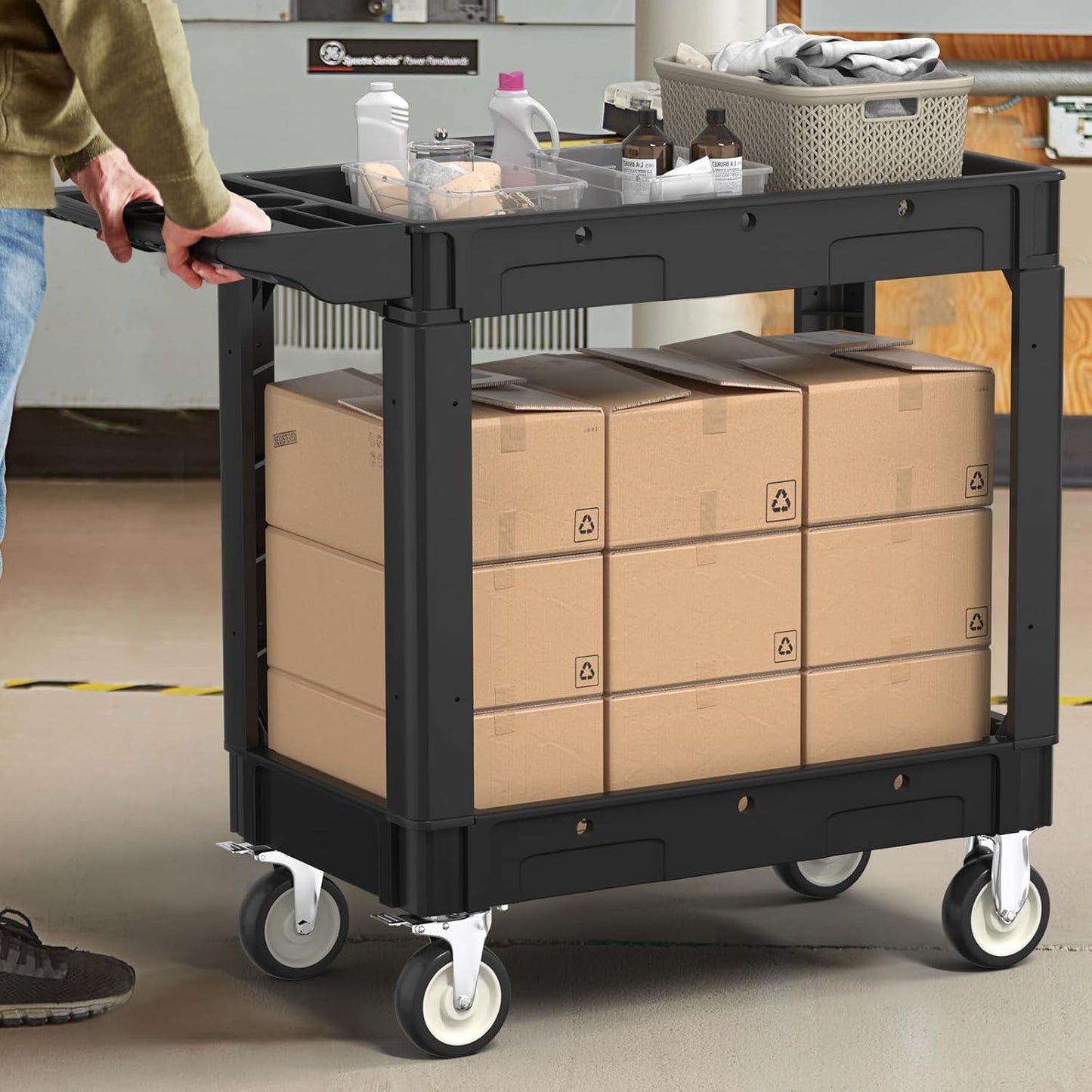 Heavy Duty Rolling Utility Cart with Wheels 2-Tier Utility Plastic Service Work Cart for Shop, Garage, Warehouse, Maintenance 550 lbs