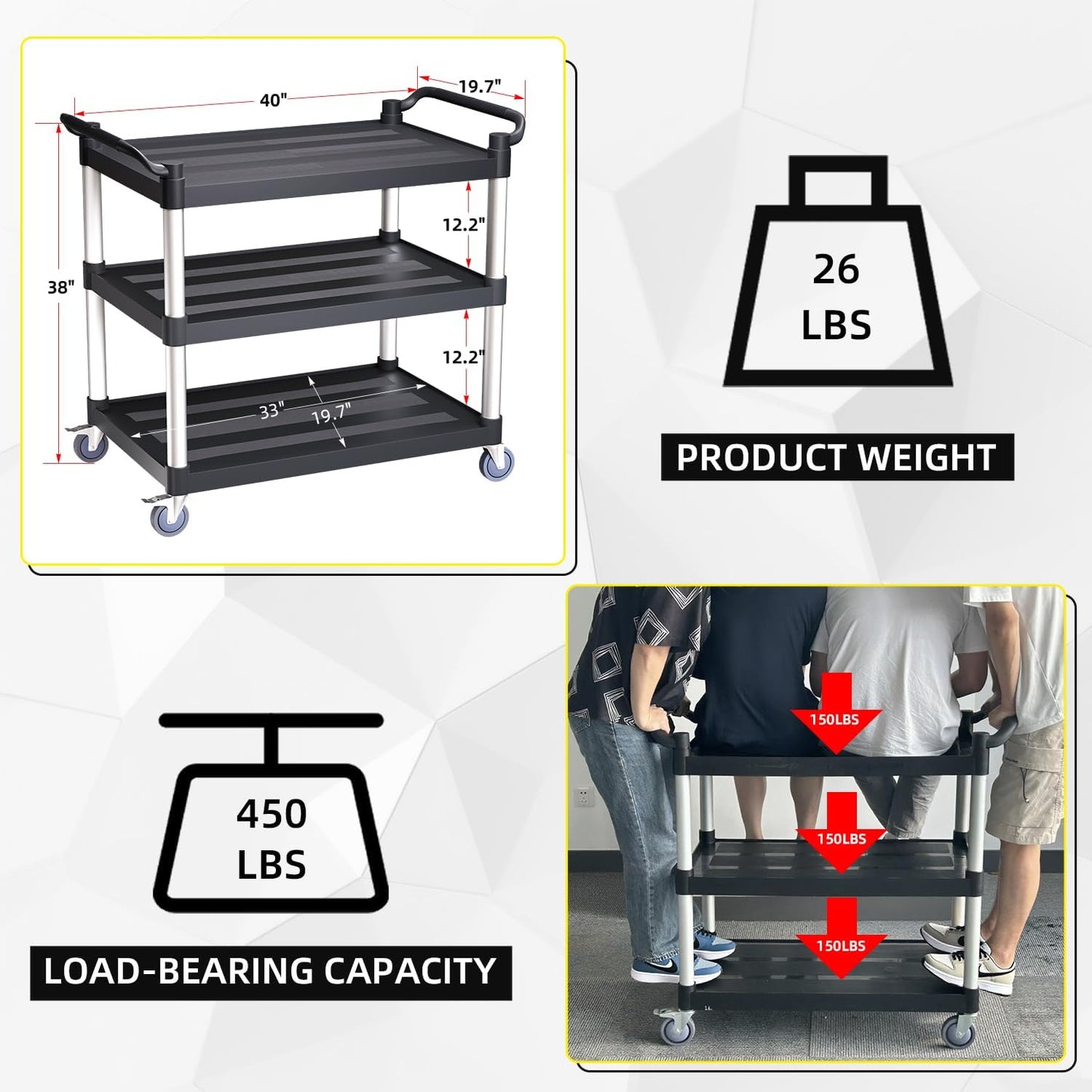 Plastic Utility Cart with Anti-Tangle Wheels, Solid Armrests, 450 Lbs Heavy Duty Capacity, 3-Tier Rolling Serving Cart for Home, Office, Restaurant, Warehouse.40 × 19.7" × 38"