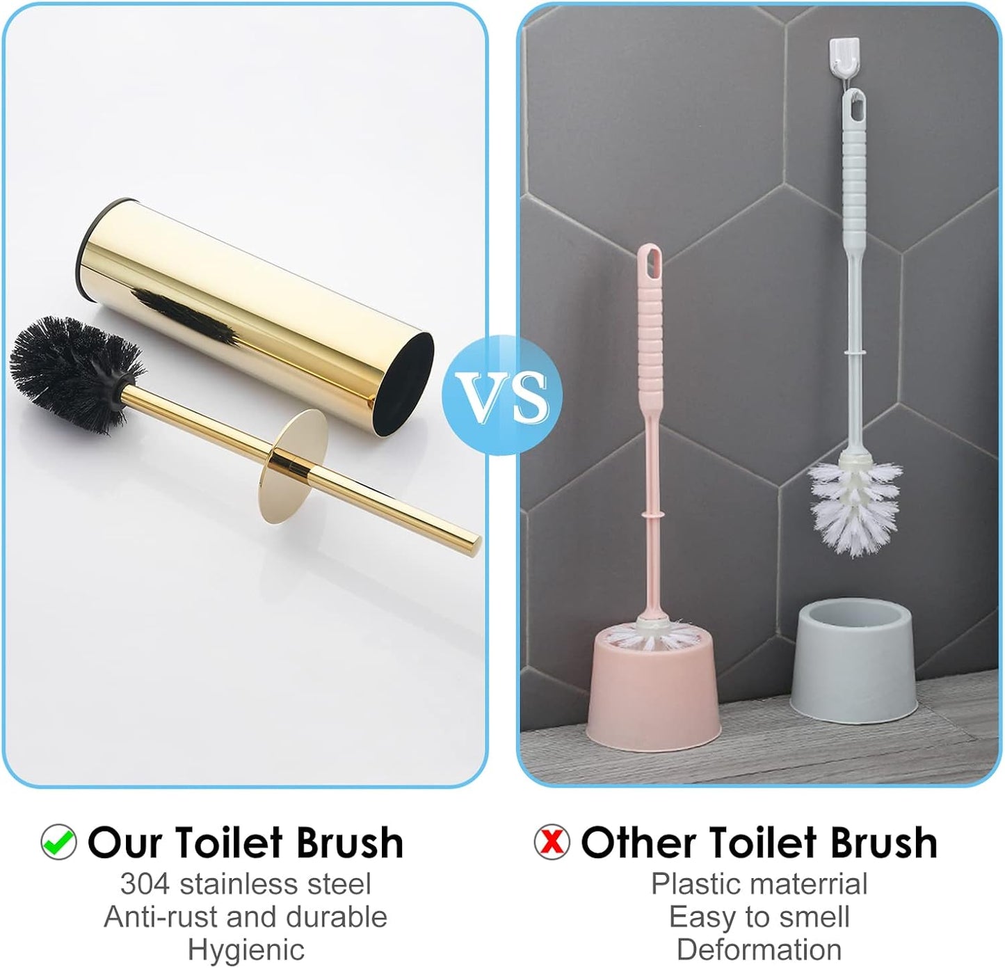 Toilet Brush and Holder Set Gold Stainless Steel, 304 Heavy Duty Round Toilet Brush Set – Rust Resistant, Long Handle, Replacement Heads, Floor Standing Bathroom Toilet Cleaning Brush