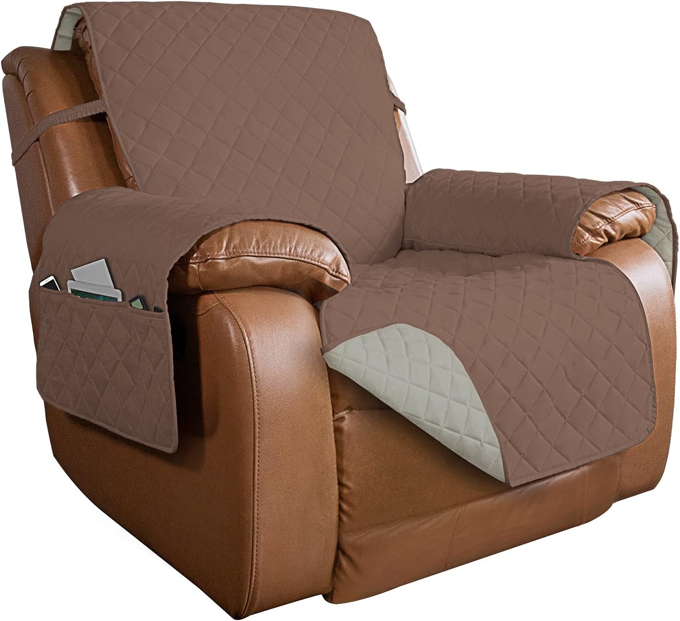 PureFit Reversible Quilted Sofa Cover, Water Resistant Slipcover Furniture Protector, Washable Couch Cover with Non Slip and Elastic Straps for Kids, Dogs, Pets (Oversized Recliner, Brown/Beige)