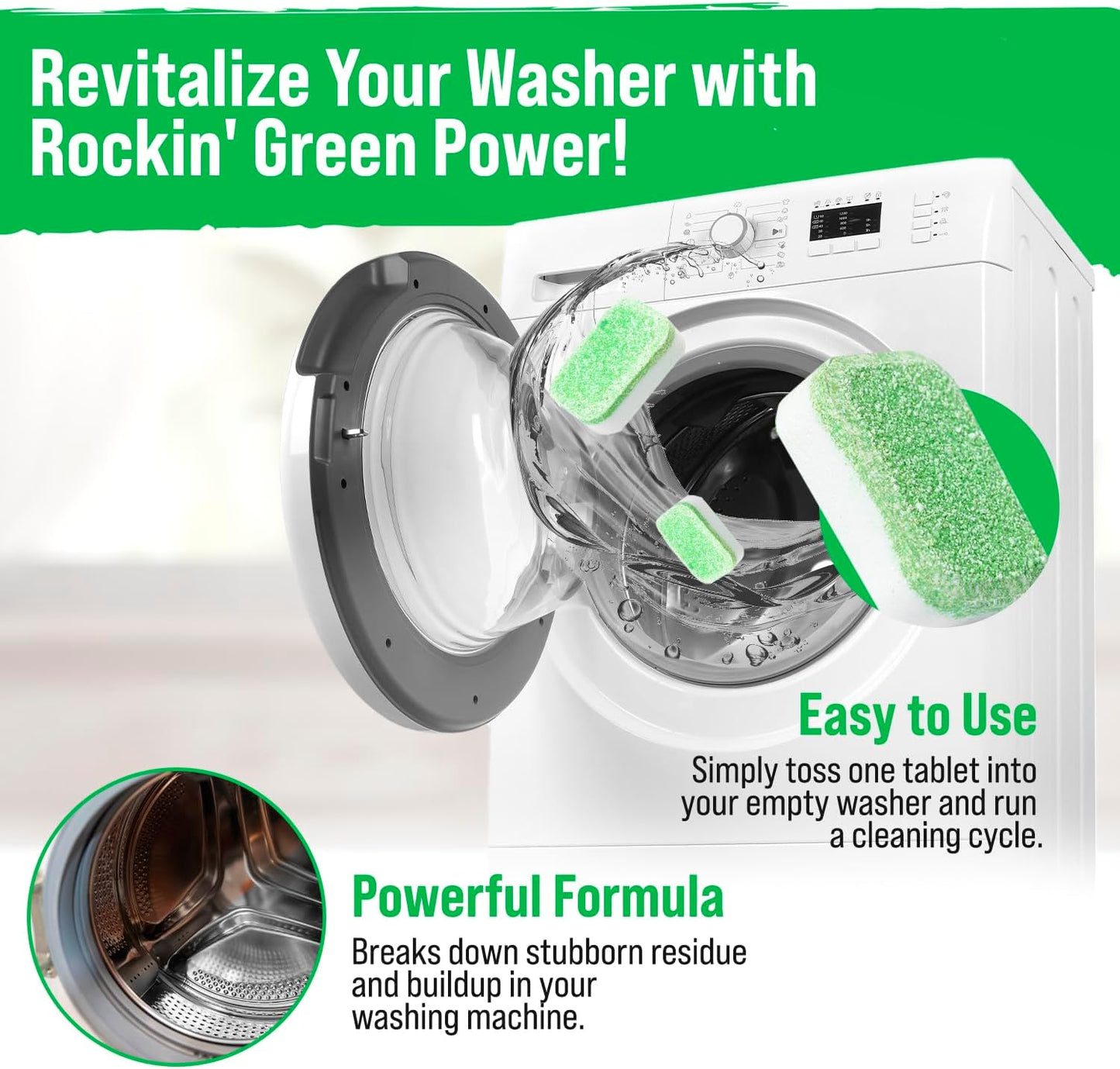 Rockin' Green Deep Cleaning and Deodorizing Tablets for Dishwashers, Washing Machines, and Garbage Disposals, Removes Odor and Residue (Washing Machine Cleaning Tablets, 24 Pack)