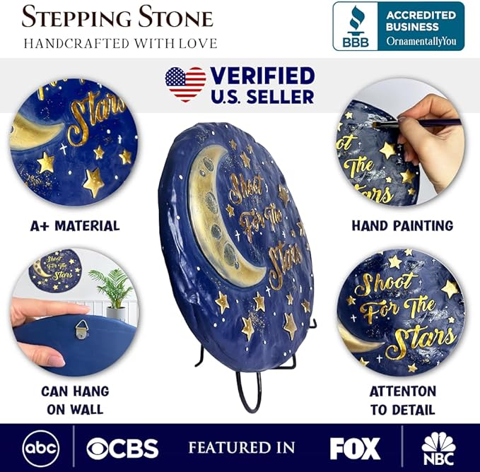 Elegant Resin Stepping Stone, Outdoor Garden Pathway Decoration (Shoot for The Stars Stepping Stone, 9.5" Galactic Moon and Stars Space Themed Gift)