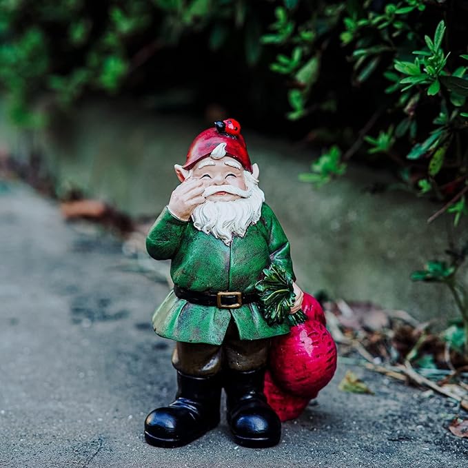 Topadorn Gnomes Figurine Resin Sculpture Garden Gnome Drag a Brunch of Radishes Statue with a Ladybug for Indoor Outdoor Decor, Radish Harvest 10 Inch, Weatherproof Garden Gnome Yard Statue Decor