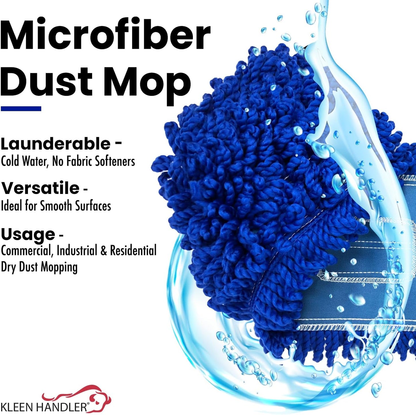 KLEEN HANDLER 36 Inch Microfiber Dust Mop, Large Washable Commercial Mop Head Replacement, Sweeper, Janitorial Supplies, Blue
