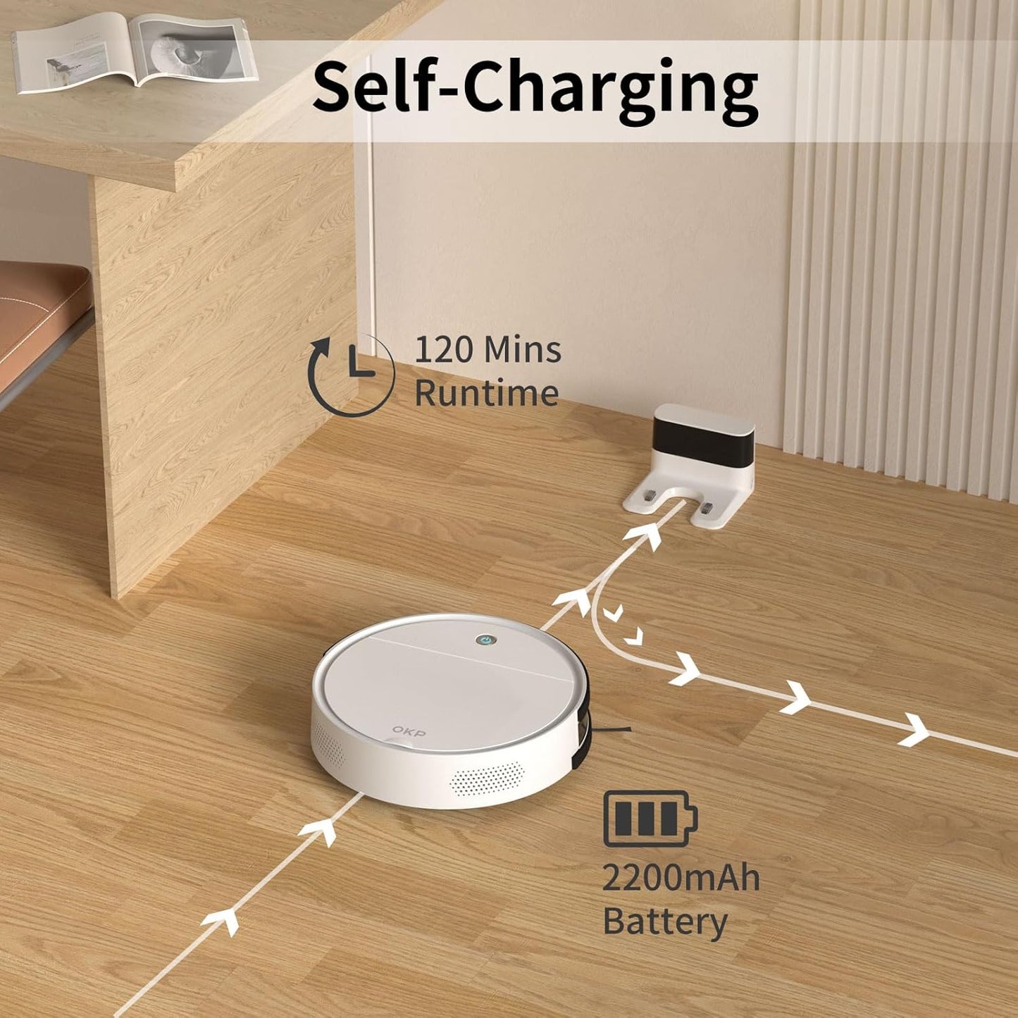 OKP K5 Robot Vacuum Cleaner, No Tangled Hair, Super Thin, 2500pa Suction, Cleaning Schedules, Self-Charging, Robotic Vacuums with Wi-Fi/App/Alexa Control, Ideal for Pet Hair Carpets Hard Floors