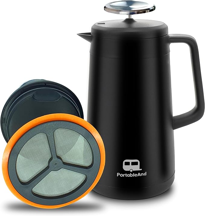 PortableAnd 34oz Double Vacuum Insulation Large Silicone French Press Coffee Maker with Silicone Ring, Stainless Steel, Perfect for Camping, Travel, and At-Home Use (Matte Black)