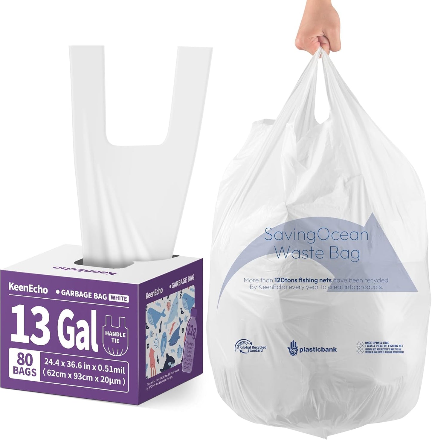 Small Trash Bags with Handles 13 Gallon 80 Count White - Ocean Plastic Upcycling - Plastic Garbage Bags, Can Bin & Waste Basket Liner for Kitchen, Bathroom, Office and Pets