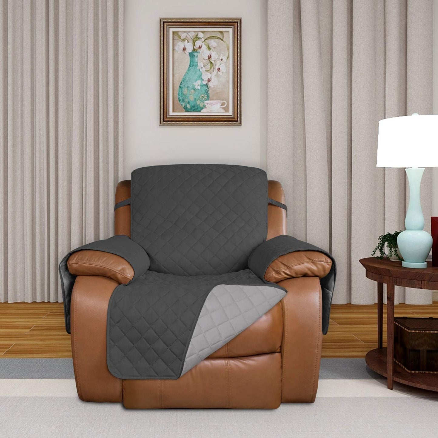 PureFit Reversible Quilted Sofa Cover, Water Resistant Slipcover Furniture Protector, Washable Couch Cover with Non Slip and Elastic Straps for Kids, Dogs, Pets (Oversized Recliner, Dark Gray/Beige)