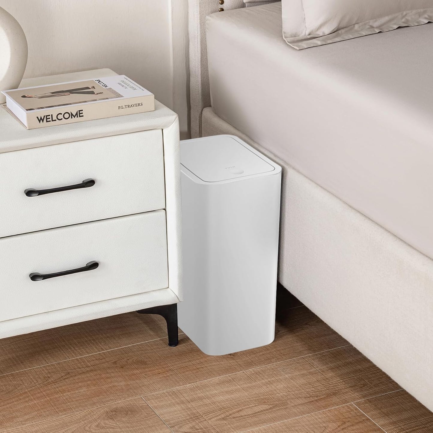 TIPGO Bathroom Trash Can with Lid, 4 Gallon / 15 Liter Small Garbage Can, Press Top Bin, Plastic Wastebasket with Pop-Up Lid for Bedroom, Living Room, Office (Grey)