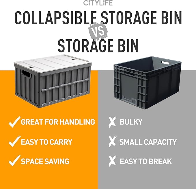 Citylife 64L Collapsible Storage Bins with Lids Plastic Storage Containers for Organizing Stackable Storage Box Large Heavy Duty Utility Crates, 4 Packs