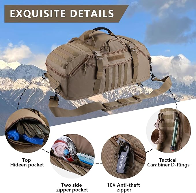 Travel Gym Duffle Bag Tactical, Gear Bag for Men Women, Large Duffle Bag for Travel, 3 in 1 Shoulder Bag Backpack Handbag for Sports Hiking Camping, Water Resistant & Easy Clean (Khaki, 55L)