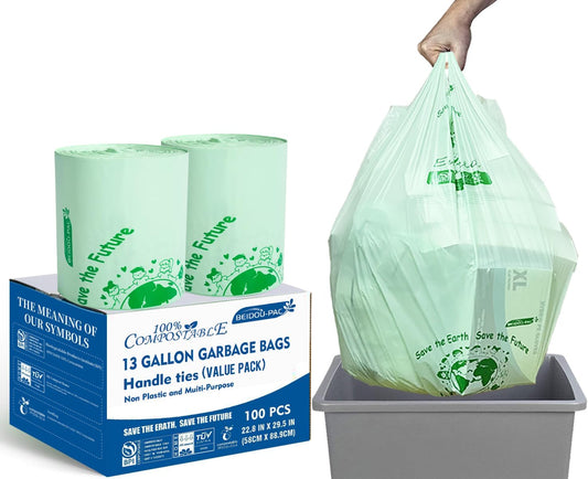 Compostable 13 Gallon Trash Bags, Tall Kitchen Garbage Bags with Handle, Sturdy Biodegradable Compost Bags, 100 Count, US BPI Certified