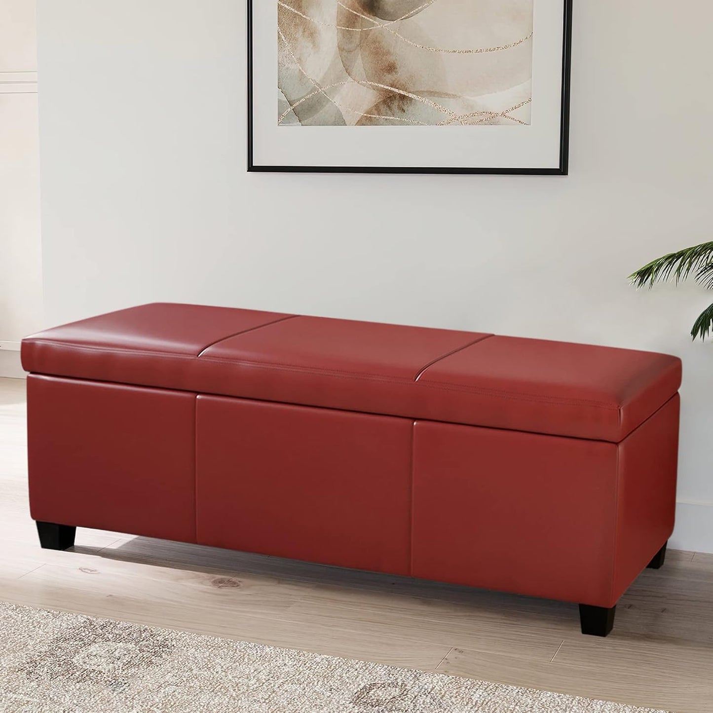 BELLEZE Storage Faux Leather Ottoman, 47 Inch Bench Bedroom Bench with Safety Close Hinge, Extra Long Ottoman with Storage for Living Room, Entryway, Hallway, Foot Rest, Support 300lbs - Red