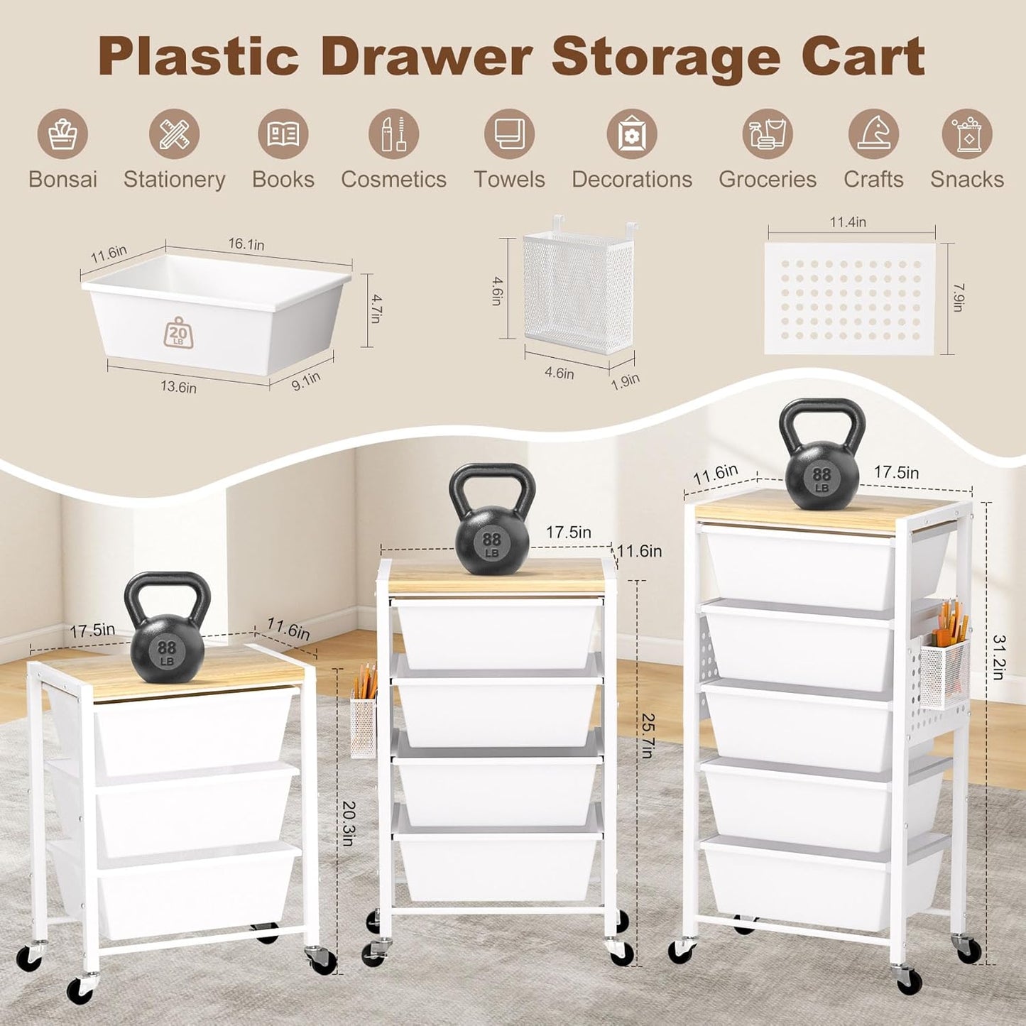 Rolling Cart with Drawers, Rolling Storage Cart with 5 Large Plastic Drawers & Wooden Tabletop, Utility Cart with Pegboards & Basket, Storage Drawers Cart for Living Room, Classroom, Bedroom, Office