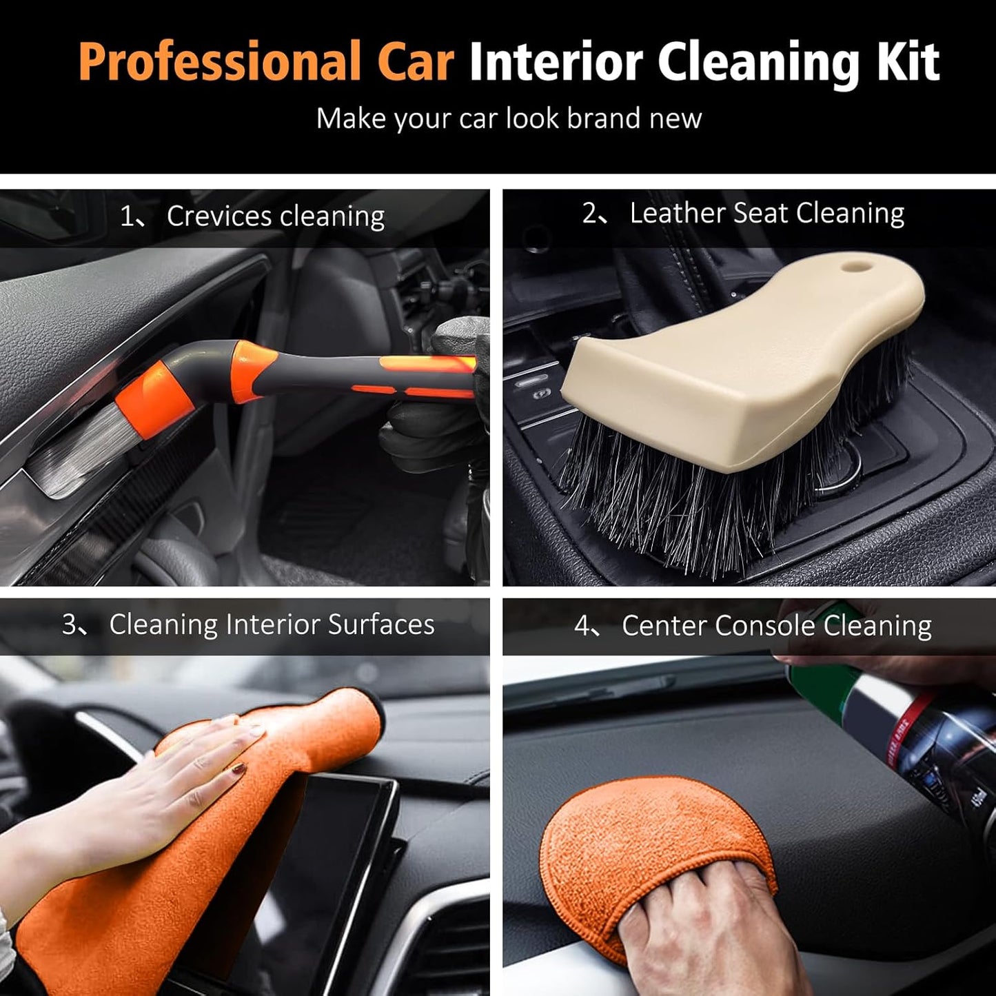 YeewayVeh 7PCS Car Interior Detailing Kit, Horse Hair Car Leather Brush, Applicator Pads and Microfiber Cloth for Car Interior & Seats Leather, Interior Car Cleaning Kit, Orange