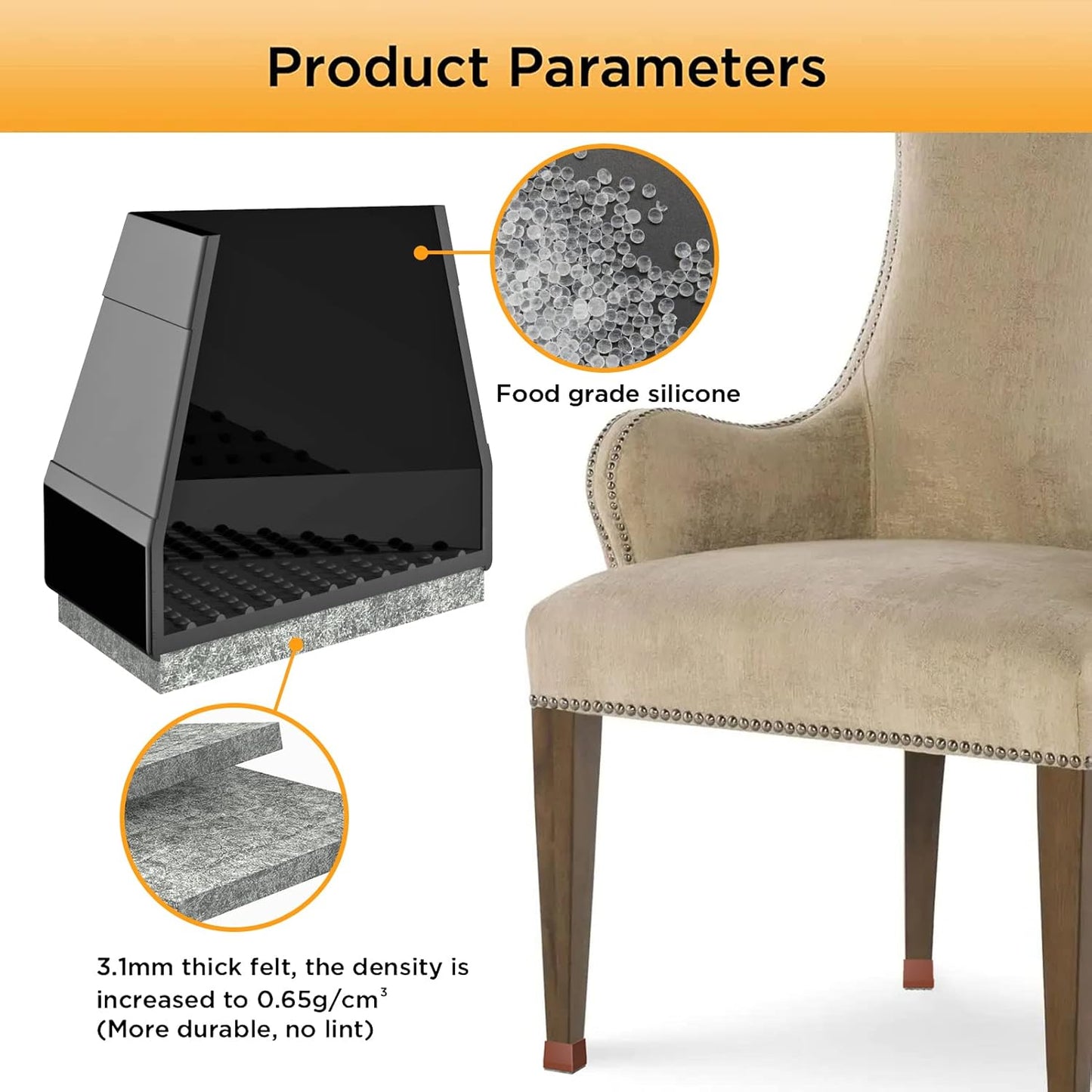 Square Chair Leg Protectors for Hardwood Floors,16 Pcs Silicone Felt Furniture Legs Caps to Prevent Floor from Scratches and Reduce Noise, Easy to Move, (Black, Fit: 0.866-1.14").