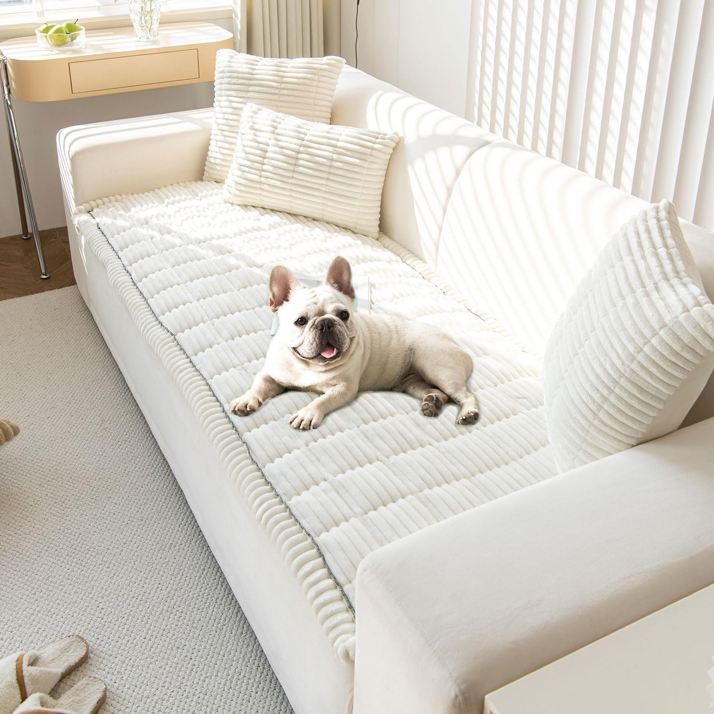 OTOB Couch Covers for 3 Cushion Sofa Pet Friendly, Plush Fuzzy Non Slip Sofa Covers Washable, Soft All Seasons Sofa Slipcovers Furniture Protector Dog Bed Mat (Cream, 27.6" x 82.7")