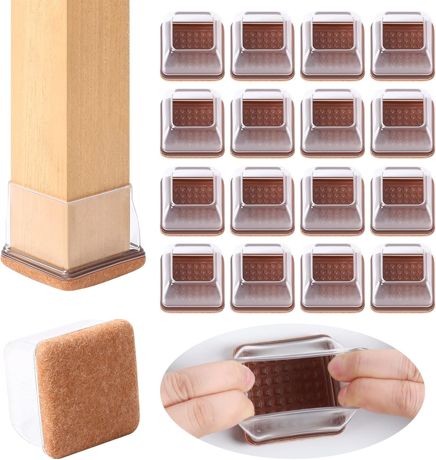 Ezprotekt 24 Pcs XL Square Clear Chair Leg Floor Protectors, Silicone Felt Furniture Pads Caps for Hardwood Floor, Dining Table Bar Stool Leg Protectors Leg Cups Covers (XL Fit: 1.5"-2")