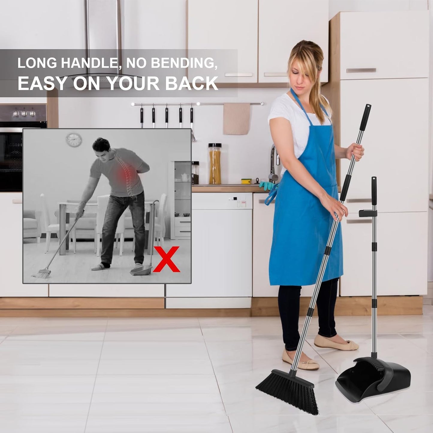 Broom and Dustpan Set, Large Household Broom with Dustpan Combo Set, 55" Long Handle Black Dust Pan Kit for Kitchen Lobby Office Indoor Outdoor