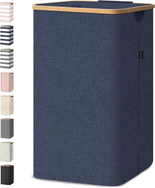 BALEINE Laundry Hamper with Lid, Tall Laundry Baskets with Bamboo Pull Handles, Large Laundry Bin with Internal Support (26 Gal/100L, Blue)