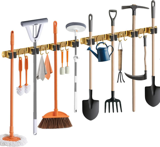 Mop Broom Holder Wall Mount, 2 Packs Gold Stainless Steel Tool Storage Organizer for Kitchen Garden Garage Laundry Room Bathroom and RV with 4 Slots 6 Hooks