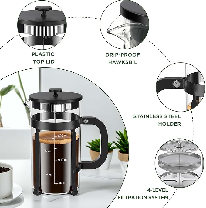 High - Quality 21 Ounce / 600ML French Press - Stainless Steel & Heatproof Glass, 4 - Filter Design - Make Cold Brew, Espresso, Coffee & Tea with Ease