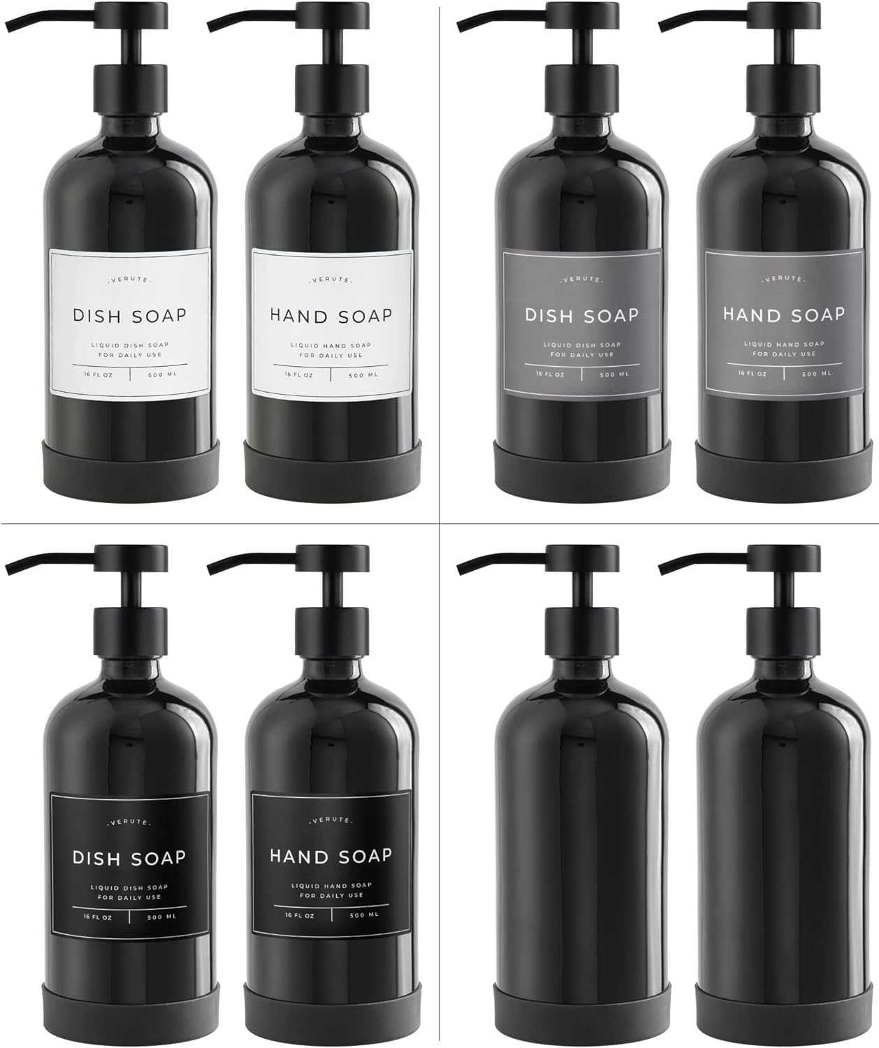 16oz Glass Soap Dispenser with Stainless Steel Pump, 21 Waterproof Labels, Non-Slip Protective Silicone Pad, Set of 2 for Bathroom & Kitchen (Gloss Black Bottle/Black Pump)