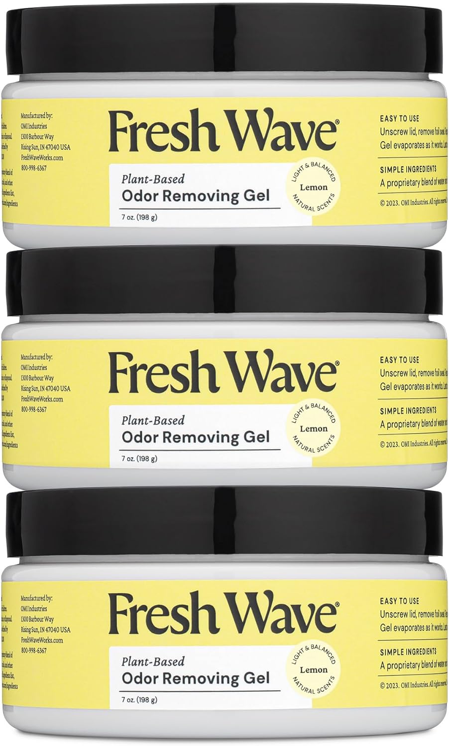 Fresh Wave Lemon Odor Removing Gel, 7 oz., Pack of 3 - Safer Odor Absorbers for Home, Natural Plant-Based Odor Eliminator, Every 7 oz. lasts 15-30 Days, For Cooking, Trash & Pets