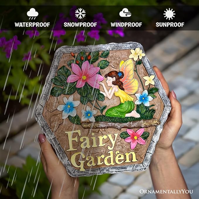 Elegant Resin Stepping Stone, Outdoor Garden Pathway Decoration (Fairy Kisses and Flowers Garden Stepping Stone, 9.5" Outdoor Decoration Statue)