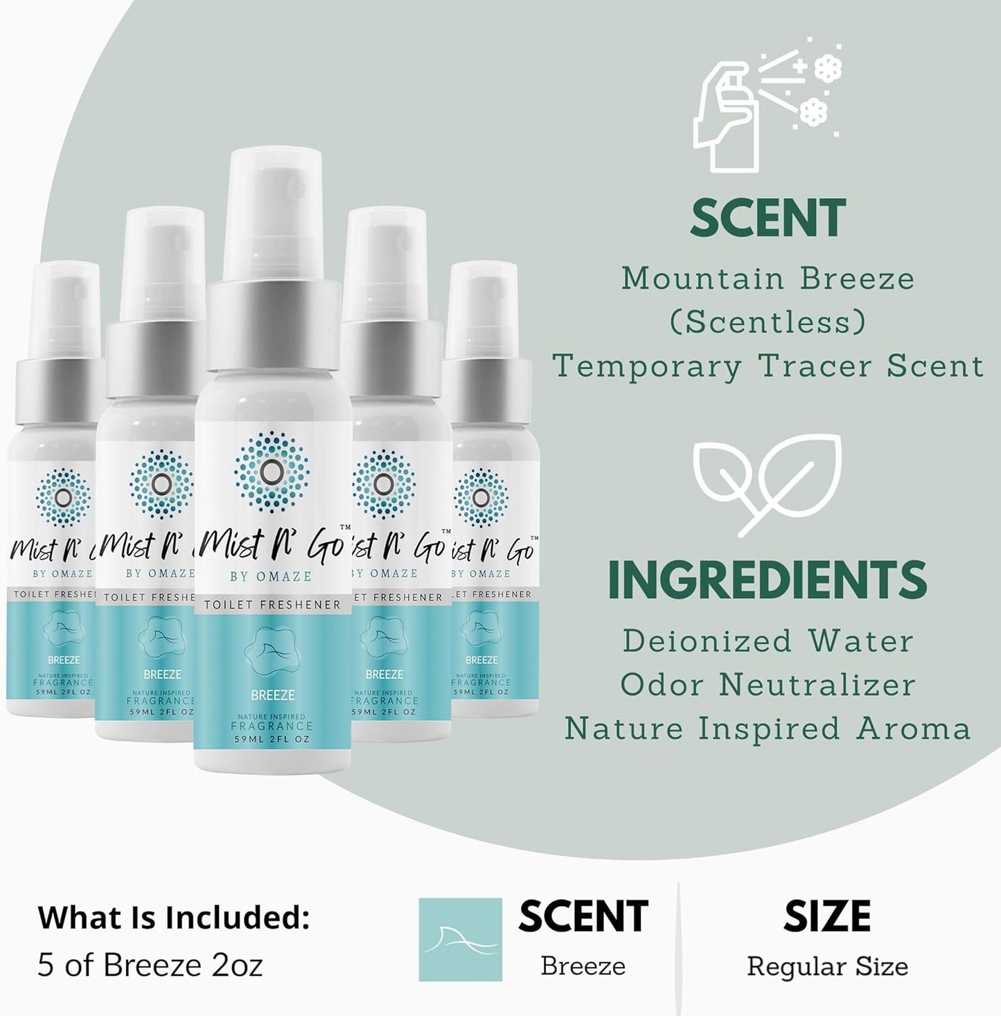 Mist N’ Go by Omaze Travel Bathroom Spray for Toilet Spray Odor Eliminator - Travel Toilet Spray for Bathroom Air Freshener Spray for Bathroom Deodorizer - Breeze Regular Size (2oz x5)