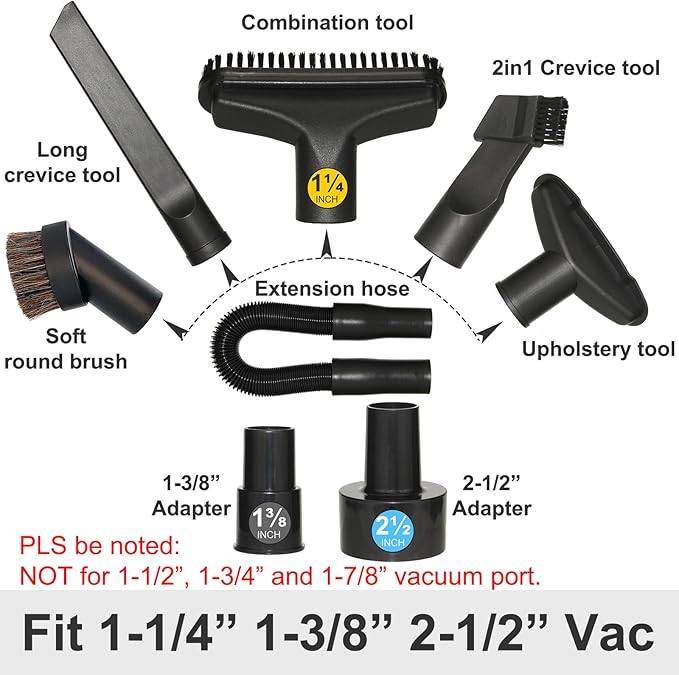 Shop Vac Vacuum Attachments with Extension Hose Dusting Brush Crevice Tool Nozzle Multi-Tools for 1-1/4" 1-3/8" 2-1/2" Shopvac Wet Dry Vacuum Cleaner (Car Detailing Kit Interior A)