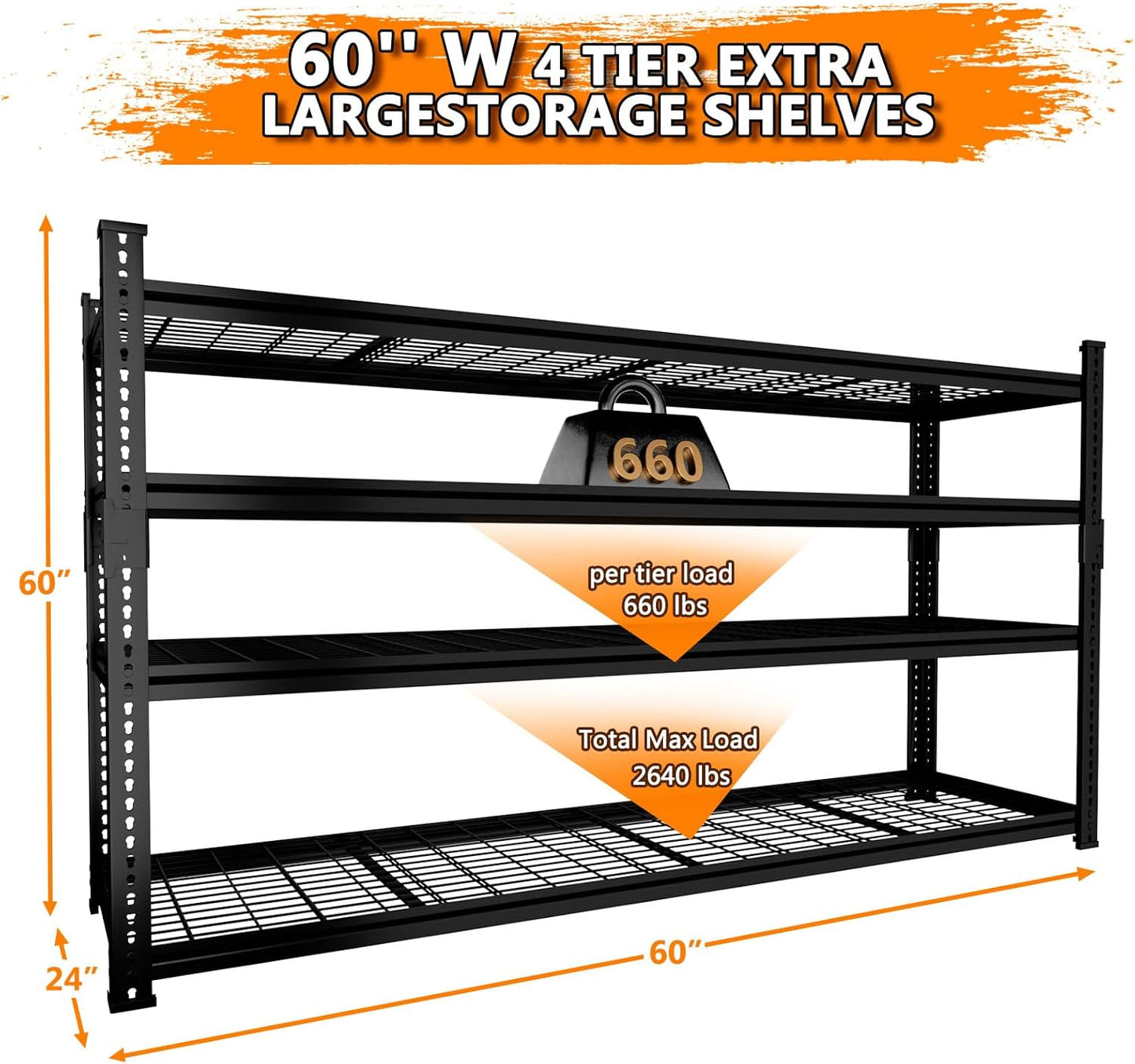 Storage Shelves Heavy Duty 3 PCS, 60"L x 24"W x 60"H Garage Wire Shelving Unit Loads 2640LBS, 4-tier Adjustable Metal Industrial Utility Shelf Rack for Kitchen, Laundry, Pantry, Warehouse, Basement
