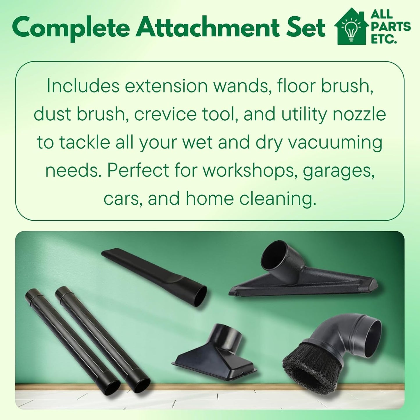 2 1/2 inch Attachments & Accessories 2.5 Wet Dry Vac - Extension Wands, Floor Brush, Dust Brush, Crevice Tool, Utility Nozzle, Compatible with Shop Vac - 6-Pack Attachments