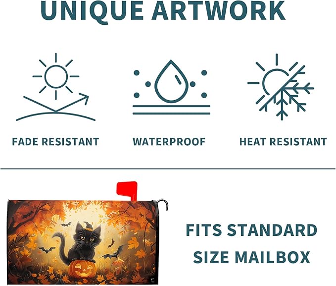 Halloween Cat Magnetic Mailbox Covers Spooky Kitten Pumpkin Waterproof Letter Box Cover Large Size Fall Maple Leaf Forest Bat Decorative Holiday Post Wraps for Home Garden Yard Outdoor 25.5x21 Inch