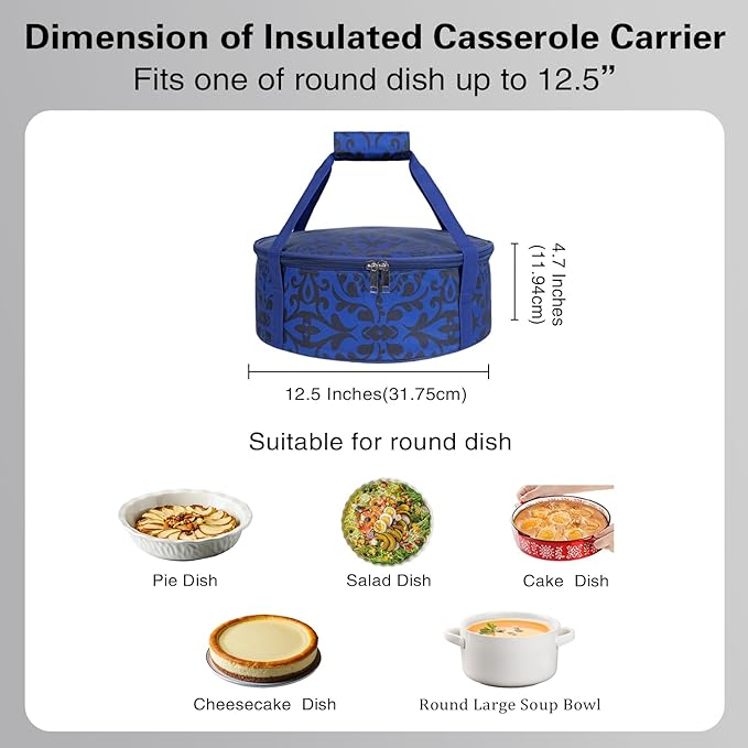 Round Insulated Pie Carrier – Thermal Portable Lunch Transport Cheesecake Cake Dish Container Bag Keep Food Hot/Cold/Fresh for Potlucks Parties Gathering/Cookouts/Church Dinner/Outdoor Events-Blue