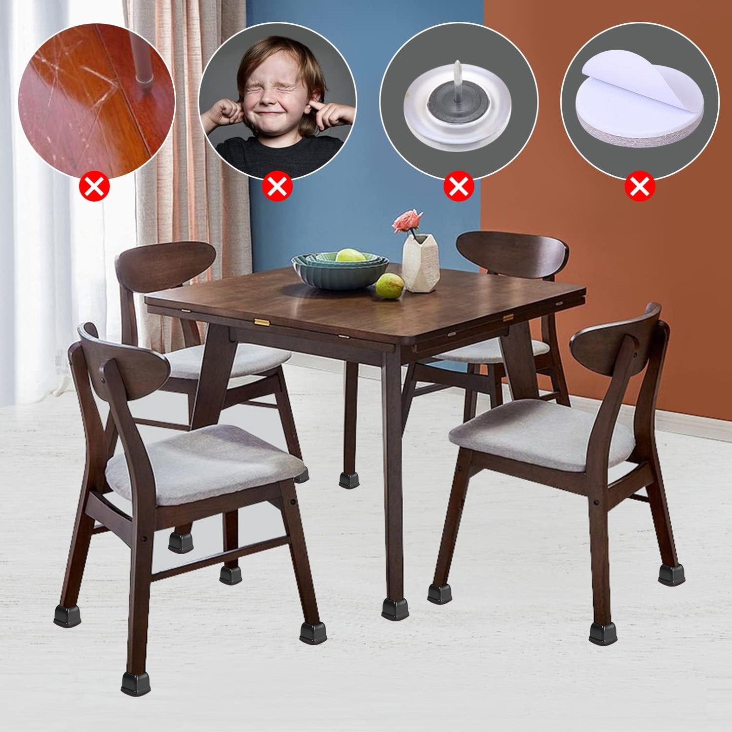 Ezprotekt 24 Pcs Square Chair Leg Floor Protectors with Felt, Silicone Felt Furniture Pads for Hardwood Floor, Dining Table Leg Caps Covers No Scratches and Noise (L Fit: 1" - 1.4", Black)